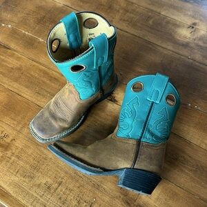 Smoky Mountain Kids Distressed Brown & Teal Square Toe Cowboy Boots 11